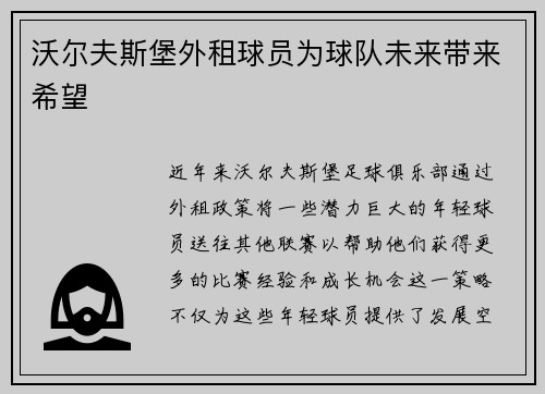 沃尔夫斯堡外租球员为球队未来带来希望
