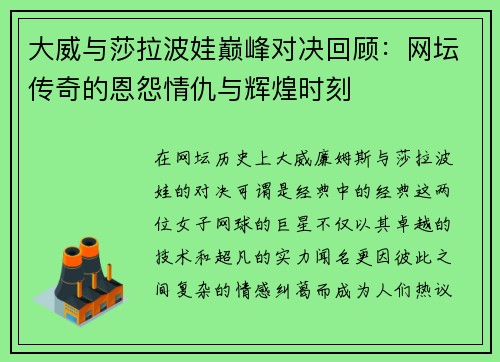 大威与莎拉波娃巅峰对决回顾：网坛传奇的恩怨情仇与辉煌时刻