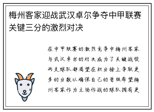 梅州客家迎战武汉卓尔争夺中甲联赛关键三分的激烈对决