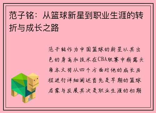 范子铭：从篮球新星到职业生涯的转折与成长之路