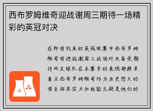 西布罗姆维奇迎战谢周三期待一场精彩的英冠对决