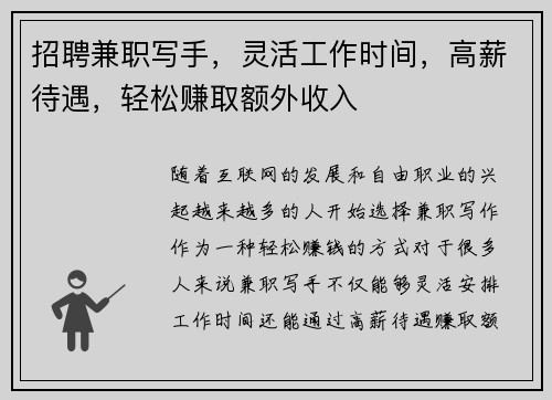 招聘兼职写手，灵活工作时间，高薪待遇，轻松赚取额外收入