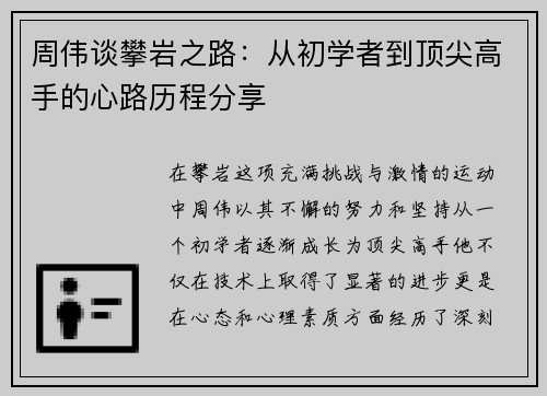 周伟谈攀岩之路：从初学者到顶尖高手的心路历程分享