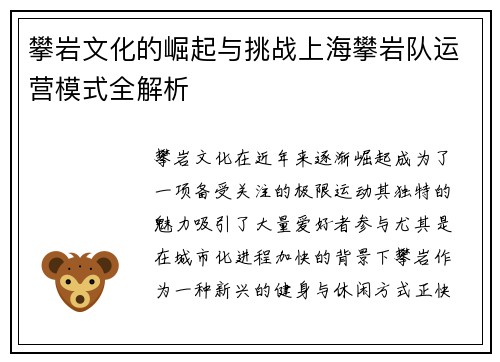 攀岩文化的崛起与挑战上海攀岩队运营模式全解析