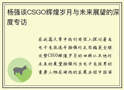 杨强谈CSGO辉煌岁月与未来展望的深度专访