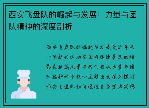 西安飞盘队的崛起与发展：力量与团队精神的深度剖析