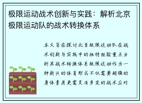 极限运动战术创新与实践：解析北京极限运动队的战术转换体系